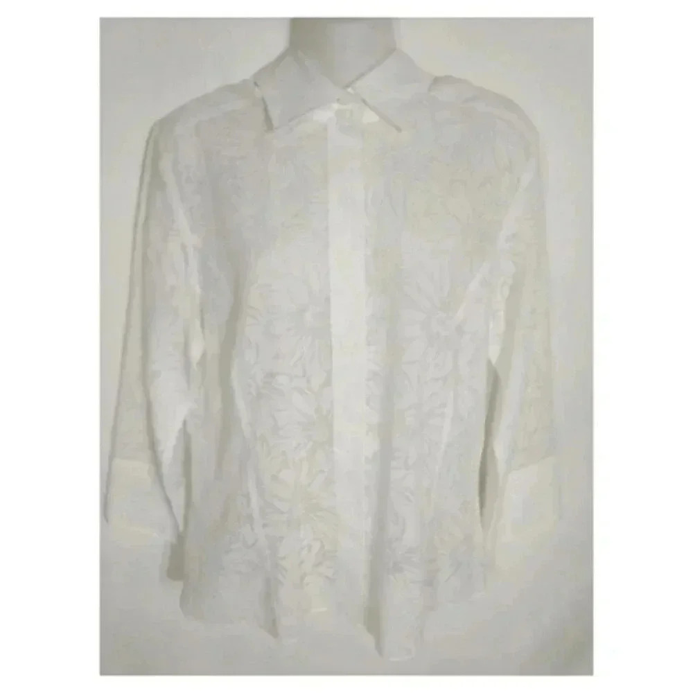 Talbots White Sheer Floral Button Blouse Size 14 1B‎